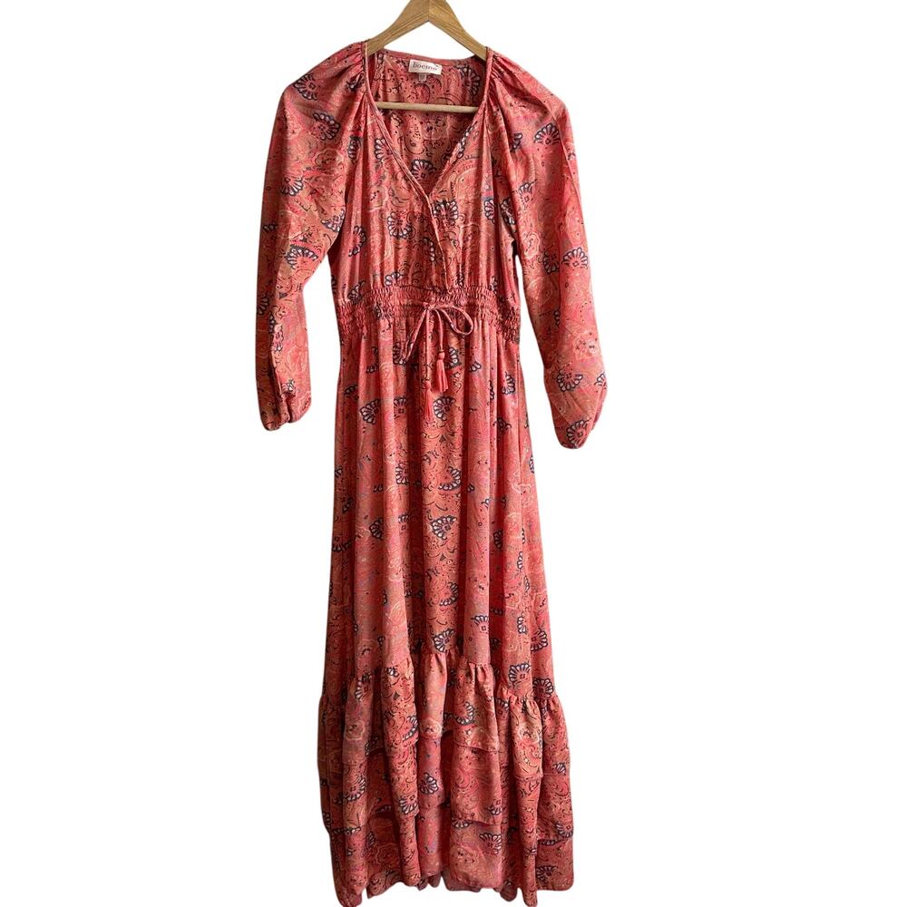 Boemo Smocked Drawstring Waist Boho Paisley Floral Maxi Dress Small